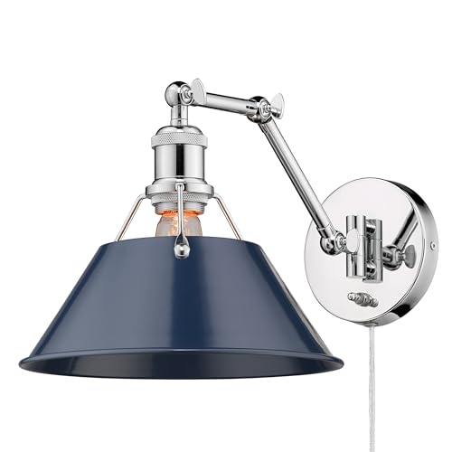 Image of Golden Lighting Yep Orwell 1-Light Swing Arm Wall Lamp in Chrome and Navy Blue Shade