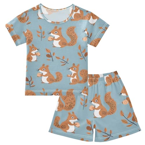 ALAZA Squirrel Holding Nuts Pajamas Short Sleeve 2 Piece Sleepwear Top and Bottom Pajama Set Unisex