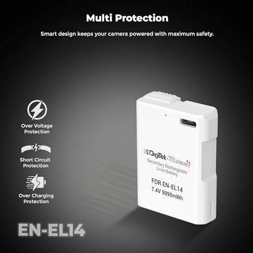 Image of Digitek Platinum (EN-EL14 Type C) 1350mAh Li-ion Battery for Nikon DSLR Cameras with Type-C Charging Cable, for Nikon D3100, D3200, D3300, D3400, D3500, D5100-D5600, DF DSLR, and Coolpix P7000-P7800