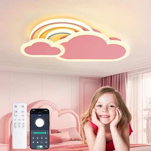 YZBEIMDAI Lampara de Techo Infantil LED, 50CM Lámpara de techo creativa Nubes con arcoiris Regulable con Control Remoto, Lámpara de Techo para Dormitorio de Niños y Niñas, Rosa