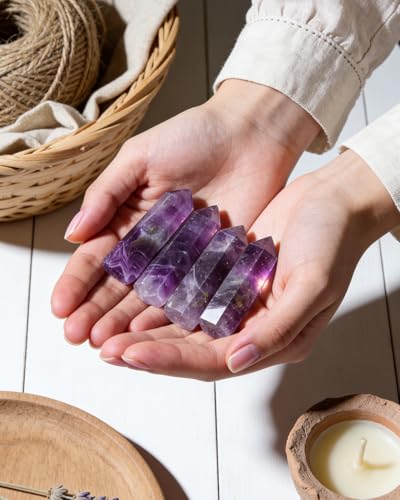 Image of Amethyst Natural Healing Crystal Wand Set - 2.4-2.8 inch Polished Gemstone Point Obelisk - Hexagonal Towers for Reiki Energy, Chakra Balancing, Meditation & Home Office Decor - Spiritual Gifts for Women