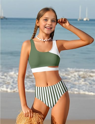 Image of BAVADER Teen Swimsuits for Girls 12-14 Teen Bathing Suits for Girls 12-14 Stripe High Waisted Bathing Suit Color Block Sporty Bikini Swimsuits Swim Cover Up Skirt 3 Piece Set Green