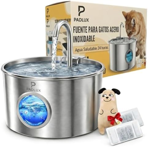 Fuente para Gatos de Acero Inoxidable 3,2L Automático – Bebedero Silencioso de Bajo Consumo con 2 Filtros y 3 Esponjas | Dispensador para Mascotas | Fuente de Agua para Gatos Premium