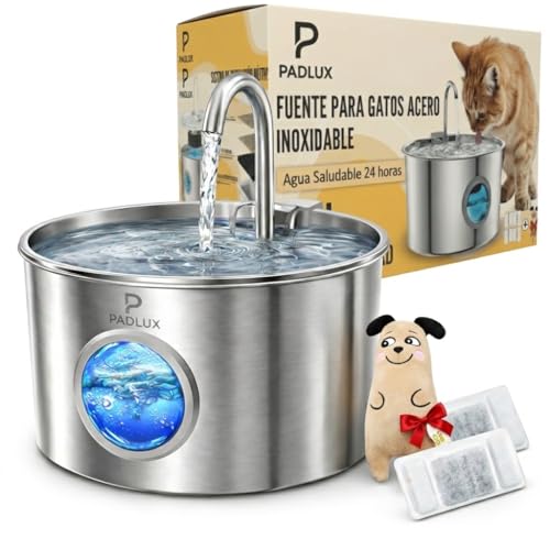 Padlux® Fuente para Gatos de Acero Inoxidable 3,2L Automático – Bebedero Silencioso de Bajo Consumo con 2 Filtros y 3 Esponjas | Dispensador para Mascotas | Fuente de Agua para Gatos Premium
