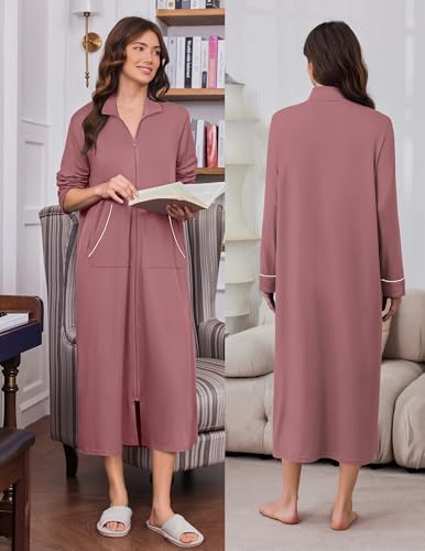 Image of Ekouaer Zipper Robes for Women Long Sleeve Lightweight House Coats with Pockets Zip Up Bathrobe Loungewear S-3XL