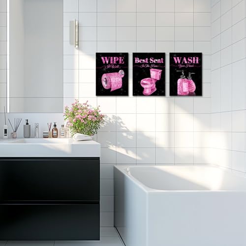 FuShvre ピンク バスルーム ウォールアート グラムバスルーム 写真 ウォールデコ ウォッシュワイプ ベストシート サイン 絵画 キャンバス ブラック 背景 フレーム入り 各12x16インチ (ピンク) [4]