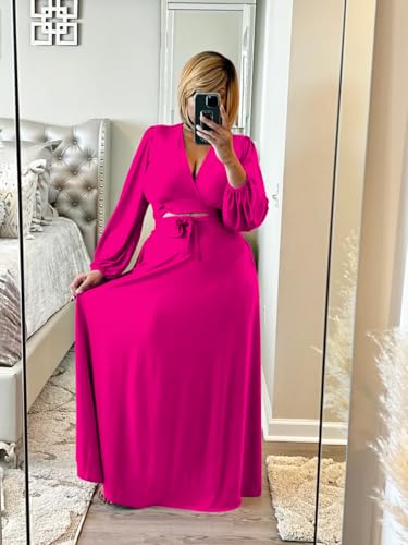 Image of Plus Size Women's 2 Piece Outfits Casual Long Sleeve Wrap Crop Top Maxi Long Dress Flowy Matching Sets