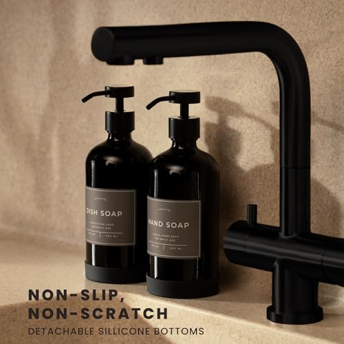Image of Hand and Dish Soap Dispenser for Kitchen and Bathroom, Set of 2 16 Oz Glass Bottles, Stainless Steel Pumps, Non-Slip Silicone Base, 27 Waterproof Labels (Gloss Black Bottle /Black Pump)