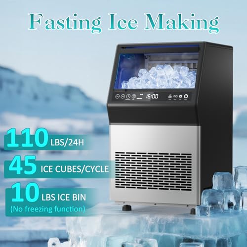 Image of Ice Maker Machine Commercial - 110LBS /24H Freestanding Cabinet Ice Maker 45 Ice Cubes in 8-20 Mins, with 3 Ice Thickness Jug & Tap Water Inlet Auto Self-Cleaning for Home Office Bar