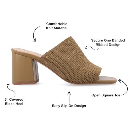 Journee Square Open Toe Chunky Block Heel Knit Slip-On Pump for Women - Lorenna Heeled Fashion Mule Olive, 7.52