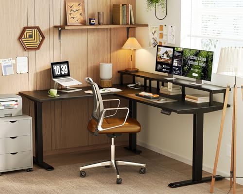 Image of AODK Electric L Shaped Standing Desk with Monitor Stand, 59 Inch Height Adjustable Corner Desk with Power Outlets, Large Sit Stand Table, Reversible Computer Desk for Home, Office, Black