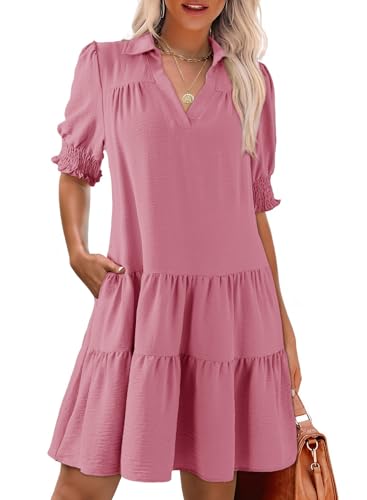 Image of Dokotoo Casual Dresses for Women Lapel Collared V Neck Mid Sleeved Pleated Summer Dresses for Women 2026 Midi Dresses