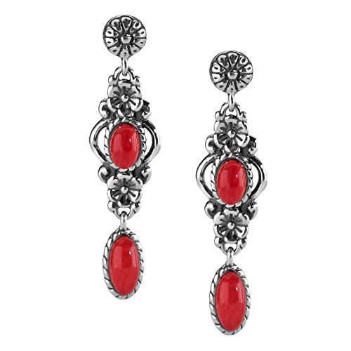 American West Sterling Silver Womenâ€™s Drop & Dangle Earrings Red Coral Gemstone Floral Design
