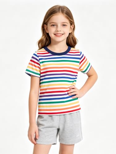 Image of LittleSpring Boys Girls T Shirt Rainbow Striped Cotton Crewneck Tees for Kids Fashion