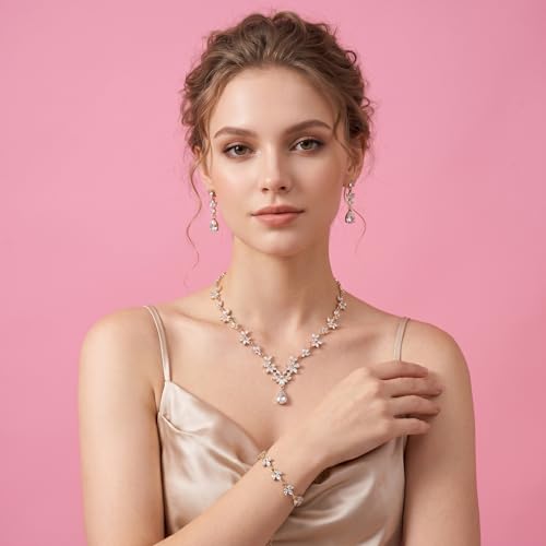 Paxuan Bridal Wedding Elegant Floral Jewelry Set for Women/Brides/Bridesmaids Crystal Jewelry Set for Wedding Prom Party Bridal Crystal Necklace Earrings Bracelet Set (White (14KC gold Plated)) by Paxuan - Used condition - Image 3