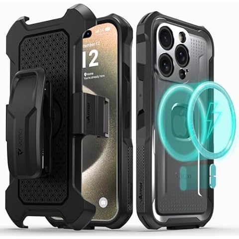 VENA vArmor Rugged Case for Apple iPhone 15 Pro (6.1"), (Military Grade Drop Protection/Armor) Magsafe Compatible and Heavy Duty Holster Belt Clip Cover with Kickstand - Graphite Gray/Black Cover