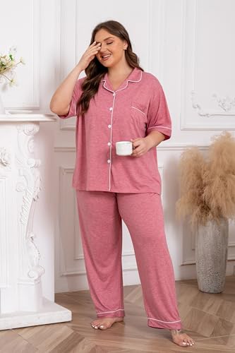 Image of Vozanet Women Plus Size Pajamas Button Down Rayon Softness PJS Classic Sleepwear Short Long Loungewear 2pcs with Pockets