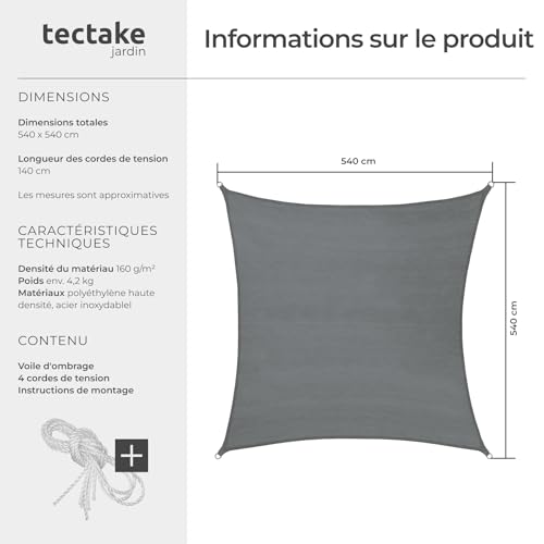 Toile ombrage extérieur résistante tectake voile carrée 5,4x5,4m balcon - 7