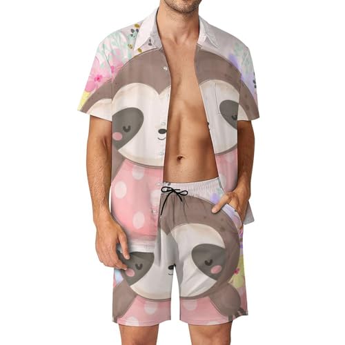 Chemise Hawaïenne Hommes Ensemble Paresseux Mignon Short Pantalon Plage Été Vêtement Léger S