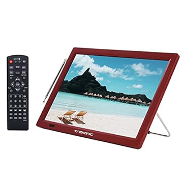 Trexonic TV LED portátil recarregável de 14 polegadas com HDMI, SD/MMC, USB, VGA, entrada e saída AV e sintonizador digital integrado, vermelho