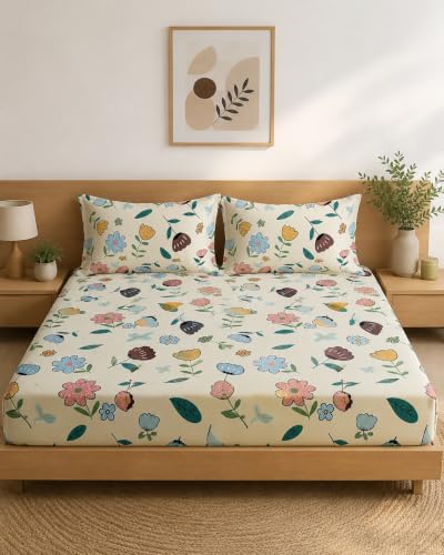 Image of LOOMLYFE 300 TC Microfiber Soft Cotton Bedsheet for Double Bed, Size 90X100 Inches with 2 Large Size Pillow Covers Without Joint - PeachFlower