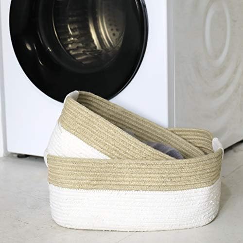 LA JOLIE MUSE Large Cotton Rope Storage Basket Set of 2, Natural and Safe For Baby and Kids, Two-Tone Woven Organizers with Jute, White & Linen