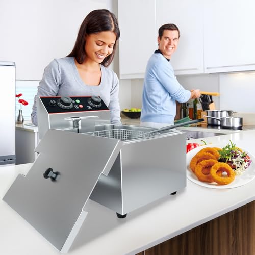 GarveeHome Commercial Deep Fryer with Basket, 11.55 QT/11 L Stainless Steel Electric Countertop Fryer with Temperature Control for Restaurant and Home Use,1500 W
