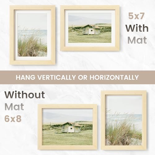Image of 6x8 Picture Frame, USA-Sourced Natural Maple Wood Photo Collage Frame with HD Tempered Glass, Modern Simple 6 x 8 Wooden Frame Matted to 5x7, Gallery Wall Frames for Art, Wall or Tabletop Display