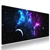 Wknoon. Extra Large Gaming Mouse Pad (31.5' x 11.8') with Durable Stitched Edges – A Blend of Blue and Purple Nebulae with Space Planets Cosmic Galaxy Dance, Anti-Slip Base Extended XXL Desk Mat