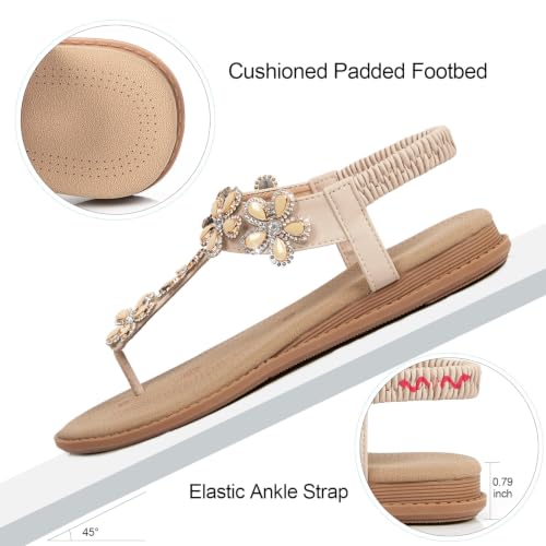 Image of iCKER Women Flat Thong Sandals Rhinestone Sparkly Boho Elastic Ankle Strap | Non‑slip,Matches Summer Dresses,for Vacation,Wedding,Evening and Festival