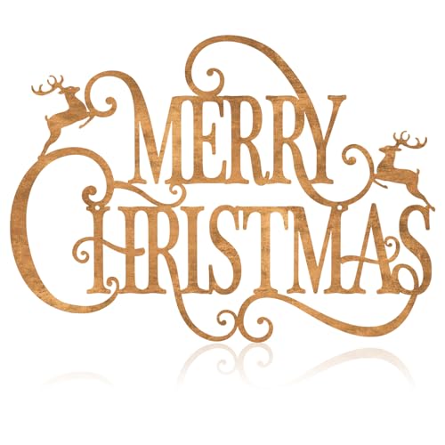 Boao 15 x 10.8 Inches Large Metal Christmas Hanging Sign Merry Christmas Word Sign Rustic Metal Letters Wall Decor for Indoor Outdoor Yard Party Ornaments (Antique Brass)