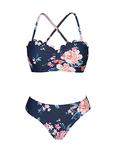 Cupshe Bikini Set For Women Bathing Suit Scalloped Low Waisted Spaghetti Straps Crisscross Back Hook Kont, Xl Navy Floral #TOP4