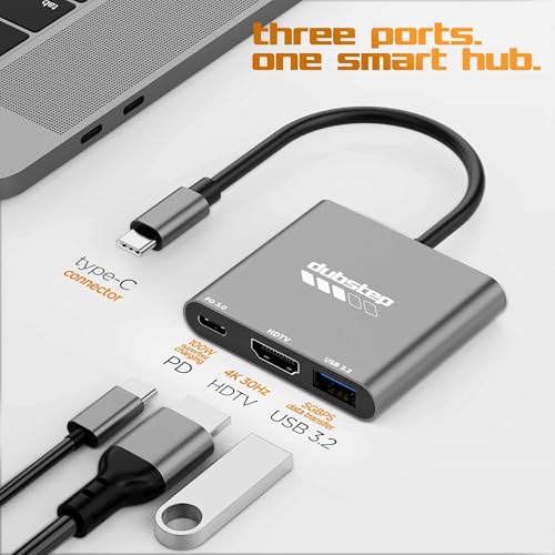 Image of Dubstep SnaplinkGo 3-in-1 Type C to HDMI USB Hub, Grey, Aluminium Alloy, 4K Output, USB 3.2 High Speed Data Transfer, PD 3.0 Charging (Grey)