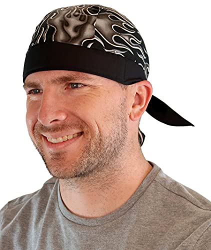 Sparkling EARTH - Skull Caps Doo Rags Do Rag Durag Headwrap Head Wraps Skullies - Made in The USA! (1, Grey Hot Rod Flames)
