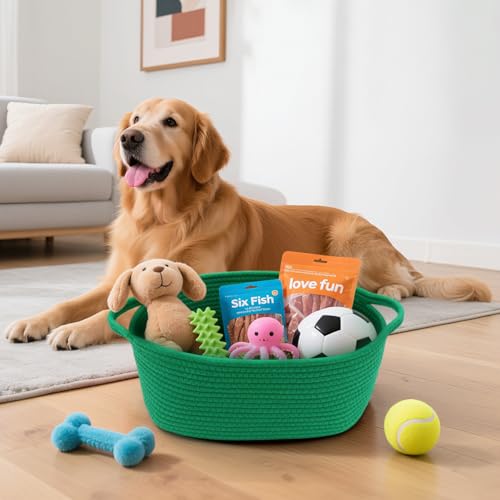 Image of Woven Basket with Gift Bags and Ribbons, 14 inchX 10 inch X 6 inch Storage Basket Green | Gift Storage Organizer Basket Bin Shelf Shelves Cotton Rope Basket for Nursery, Pet Toys