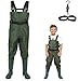 LANGXUN Hip Waders for Kids, Lightweight and Breathable PVC Fishing Waders for Children, Waterproof Bootfoot Waders for Boy and Girl, Army Green Chest Waders for Women