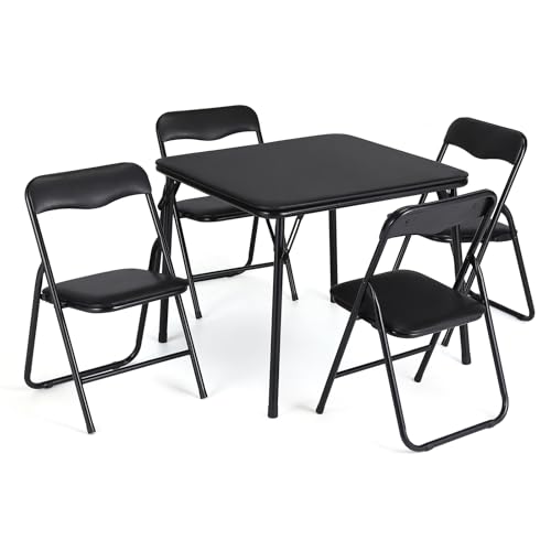 GarveeHome Folding Card Table and Chair Set of 5, Upholstered Foldable Table and Chair Set, Portable Metal Frame Children's Activity Table and Chairs Set for Eating, Reading, Playing, Black