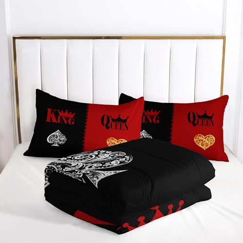 Image of AILONEN Red and Black Comforter Set Queen Size,3-Piece Crown K & Q Printed Couple Bedding Set,Bedroom Decor Soft Microfiber Comforter with 2 Pillowcases