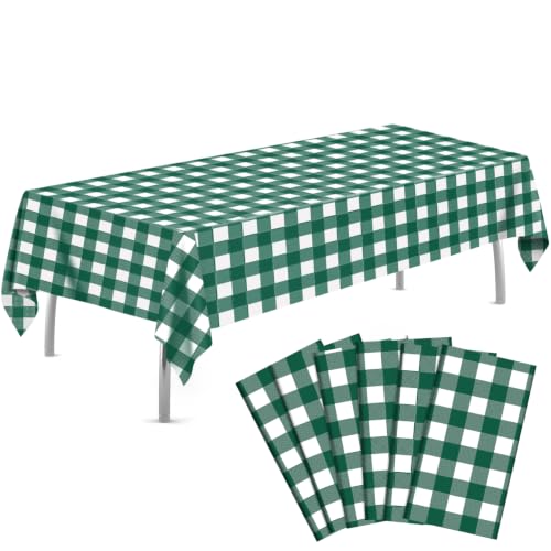 Image of tujol Dark Green and White Checkered 6 Pack Plastic Table Cloth 54 inch x 108 inch