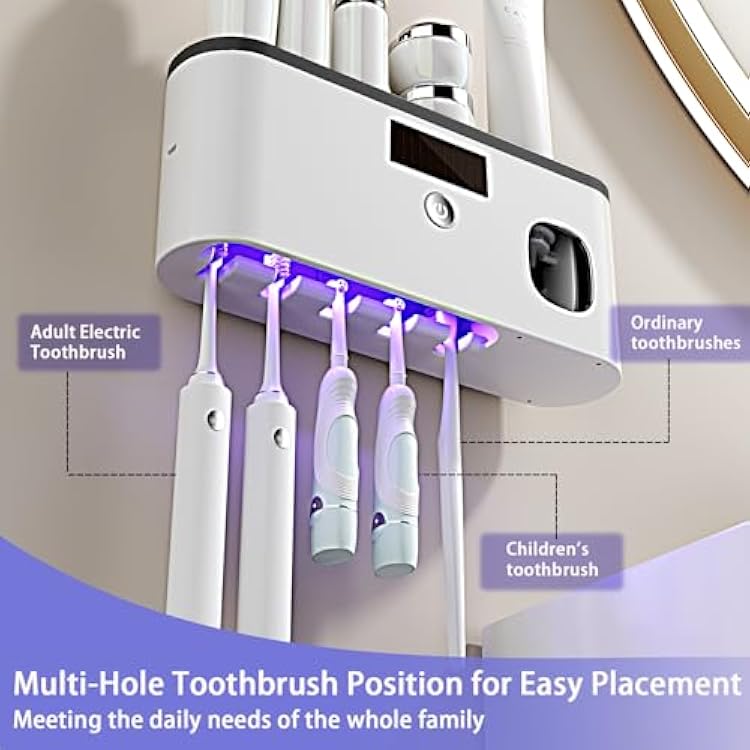 Toothbrush Holders for Bathrooms,Toothpaste Dispenser Wall Mounted,Electric Toothbrush Holders with Solar Charging, Smart Drying Toothbrush Cleaner,Toothbrush Organizer with 5 Brush Slots