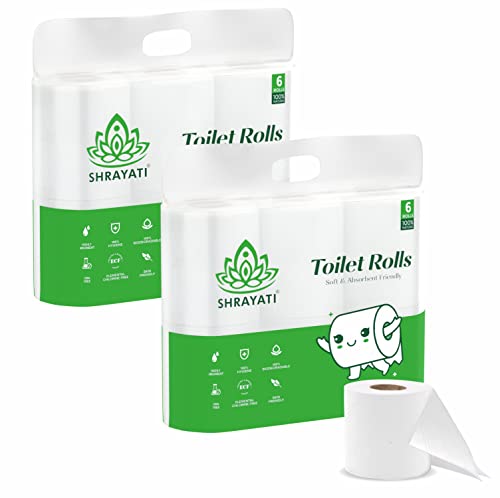 Image of Shrayati Toilet Paper Roll, 2 Ply, Pack of 12 Rolls | 2700 Pulls | 225 Pulls x 12 Rolls | Biodegradable Toilet Paper, Non-Clogging Super Absorbent Toilet Rollss, Ultra Soft