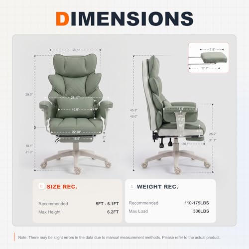Image of Dowinx Big and Tall Office Chair with Pocket Spring Cushion,High Back Computer Gaming Chairs with Adjustable Armrests,Executive Desk Chairs with Lumbar Support and Footrest,PU-Green