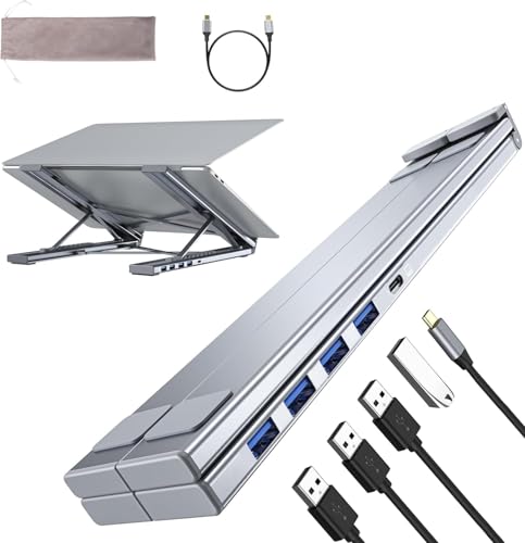 Umaniy M61 USB C to USB Hub Portable Laptop Stand Aluminum 4 Ports USB3.0 Multiport Adapter Adjustable Laptop Docking Station Stand Compatible with MacBook Pro/Air Chromebook Keyboard Mouse HDD
