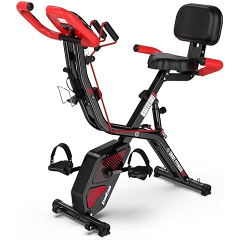 pooboo Folding Exercise Bike, Fitness Stationary Bike Machine, Upright Indoor Cycling Bike, 4-in-1 Magnetic X-Bike with 8-Level Adjustable Resistance, Bottle Holder, Arm Resistance Bands, Pulse Sensor & Back Support Cushion for Home Gym Workout (red) Cover