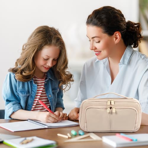 Image of Pencil Case Large Capacity Pencil Pouch Pen Bag with Handle, Portable Pencil Case Pencil Bags with Zipper Student Stationery Bag for Girls and Boys Teen Adults Men Women (Beige)