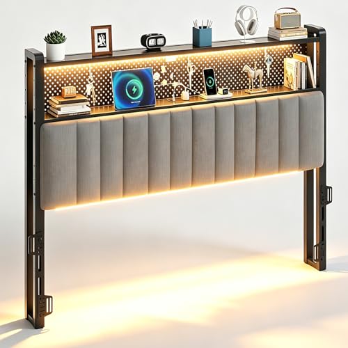 Image of VINGLI Full Size Headboard Only, Upholstered Head Board with 2 Tier Shelves and Pegboard with Charging Stations and LED Lights, Modern Bed Headboard with Storage for Bedroom Decor, Linen Gray