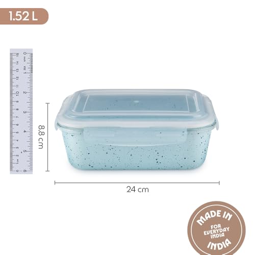 Image of Borosil 1.52 L Blue Food Storage Container with Air Tight Lid | Rectangle Shape Borosilicate Glass Organiser | Microwave & Dishwasher Safe | For Fridge, Kitchen Storage