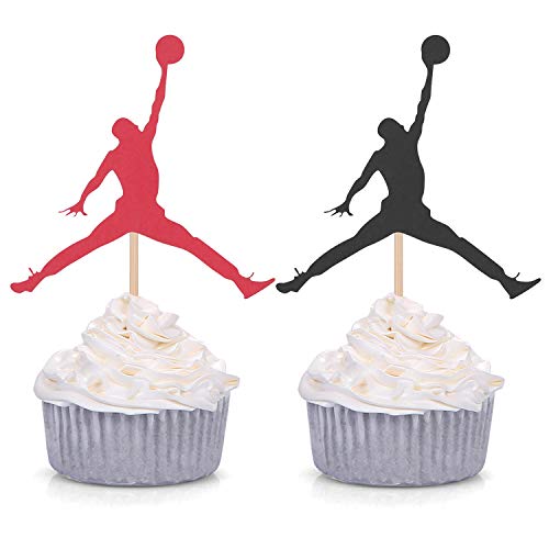 24 Counts Jumpman Cupcake Toppers Basketball Theme Birthday Party Baby Shower Decorations - 12 black and 12 Red