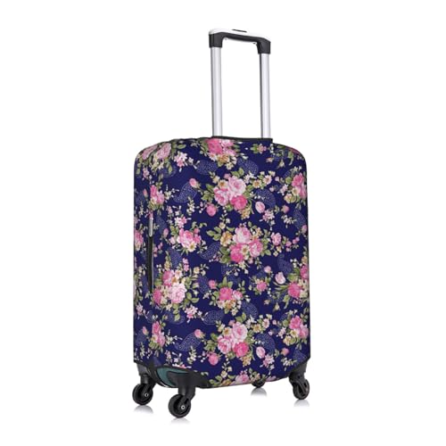 Navy Blue Base Floral Print Travel Elastic Suitcase Luggage Baggage Cover Protector, Washable And Anti-Scratch3