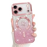 Bonoma Compatible with iPhone 17 Pro Max Case 2025 Support for MagSafe, Plating Heart Glitter Magnetic Case TPU Camera Protection Back Cover for Phone Case -Pink